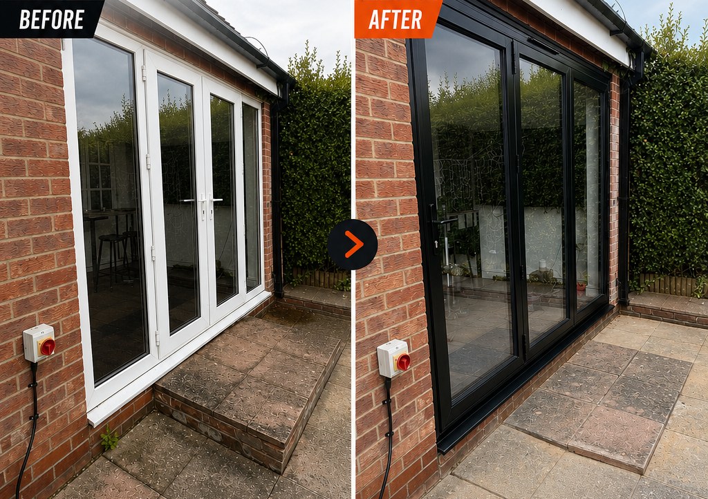 Before and after of white French doors replaced with black aluminium bi-fold doors onto a patio by Final Touch in Aylesbury