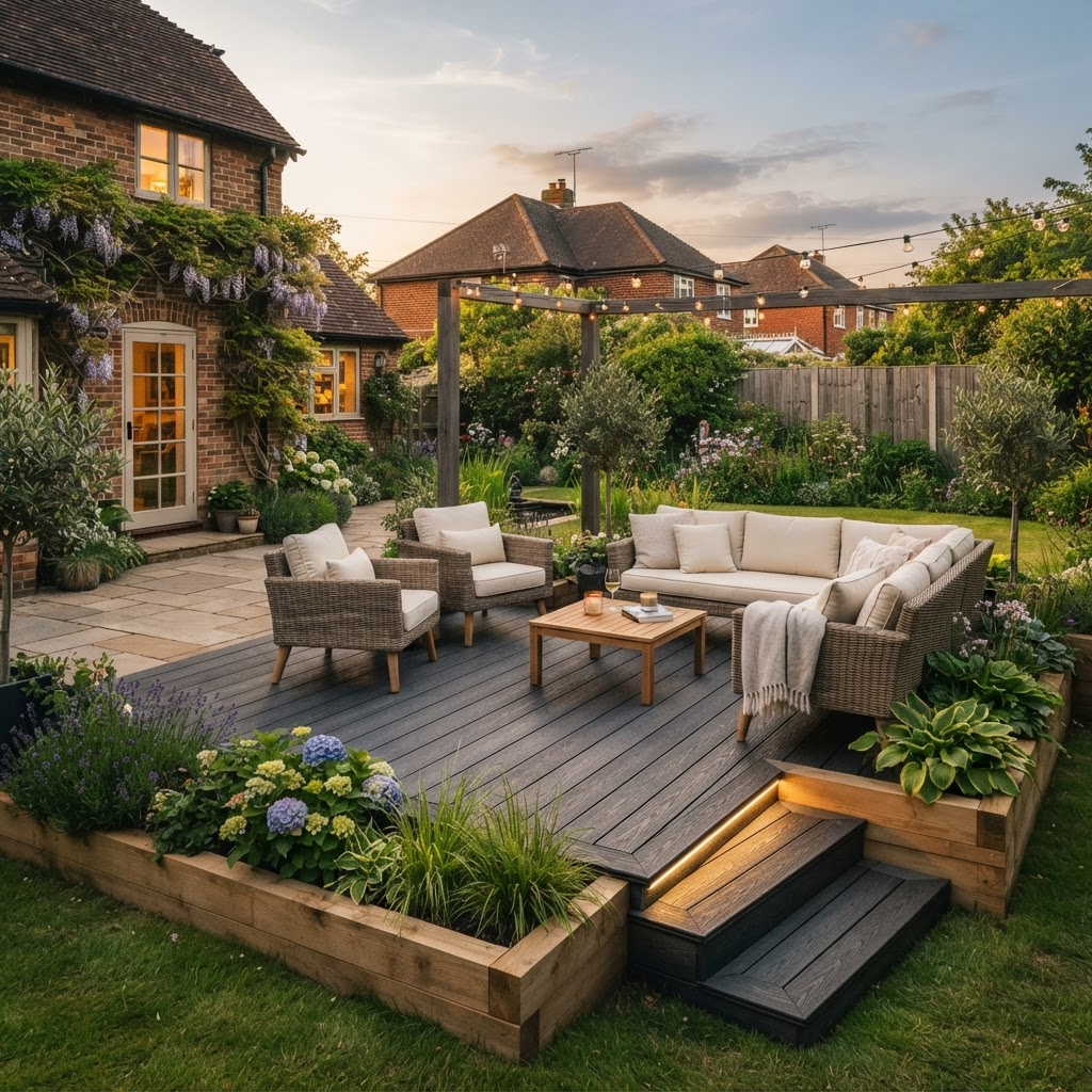 Newly built composite garden decking with seating area