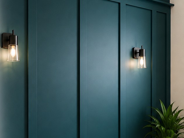 Bespoke teal board-and-batten feature wall with black wall lights fitted by Final Touch in Aylesbury