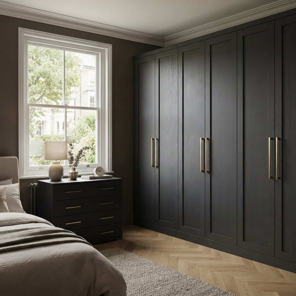 Assembled fitted wardrobe and drawers in a bedroom