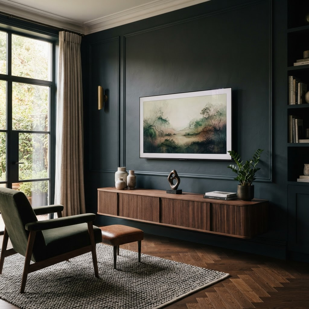 Flat-screen TV neatly wall-mounted in a living room