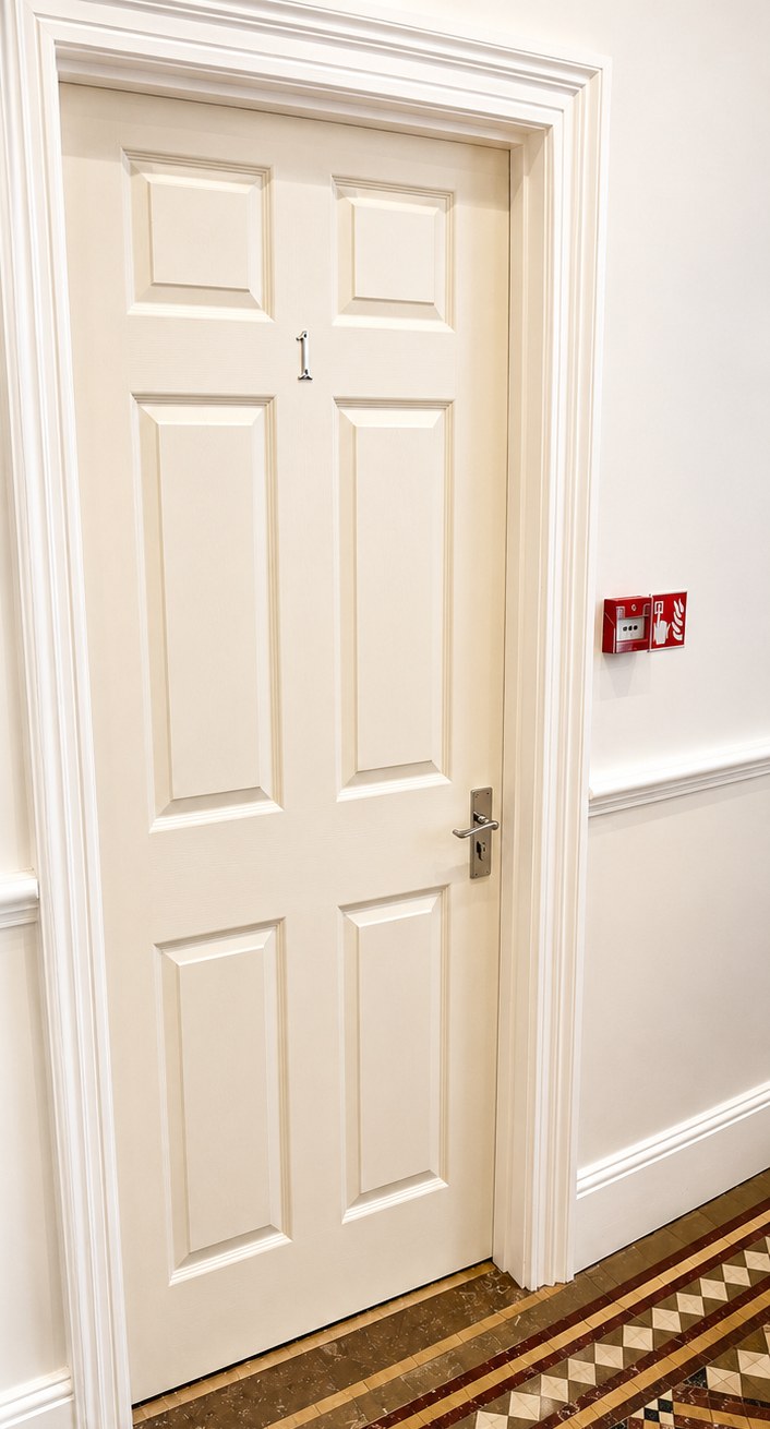 Cream six-panel internal door neatly fitted in a period hallway by Final Touch in Aylesbury