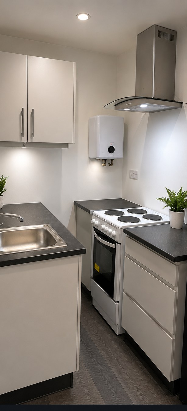 Newly installed compact fitted kitchen with cream units, dark worktops, sink and electric cooker by Final Touch in Aylesbury