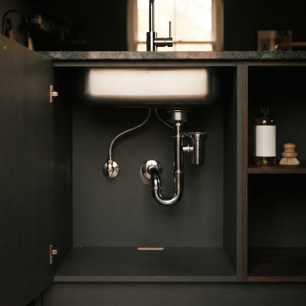 Repaired pipework under a kitchen sink