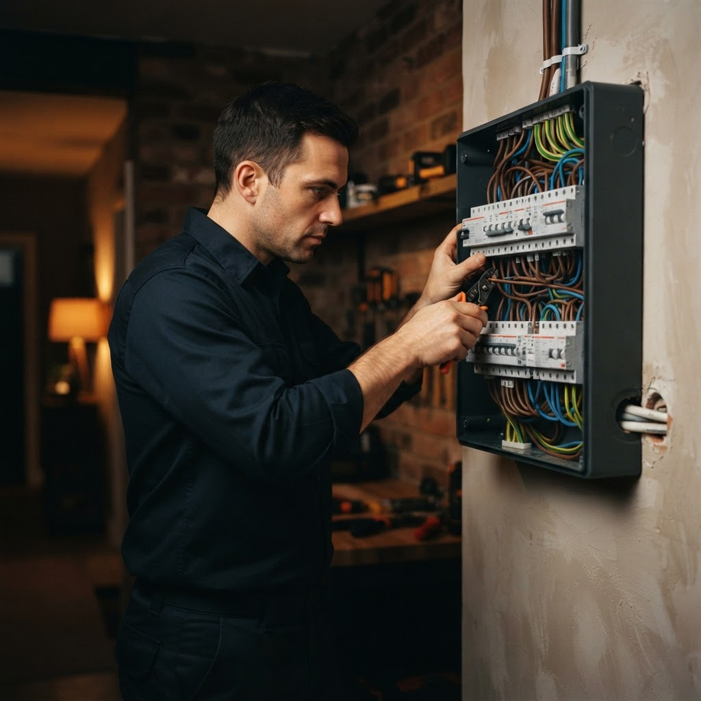 Electrician upgrading a consumer unit during a house rewire