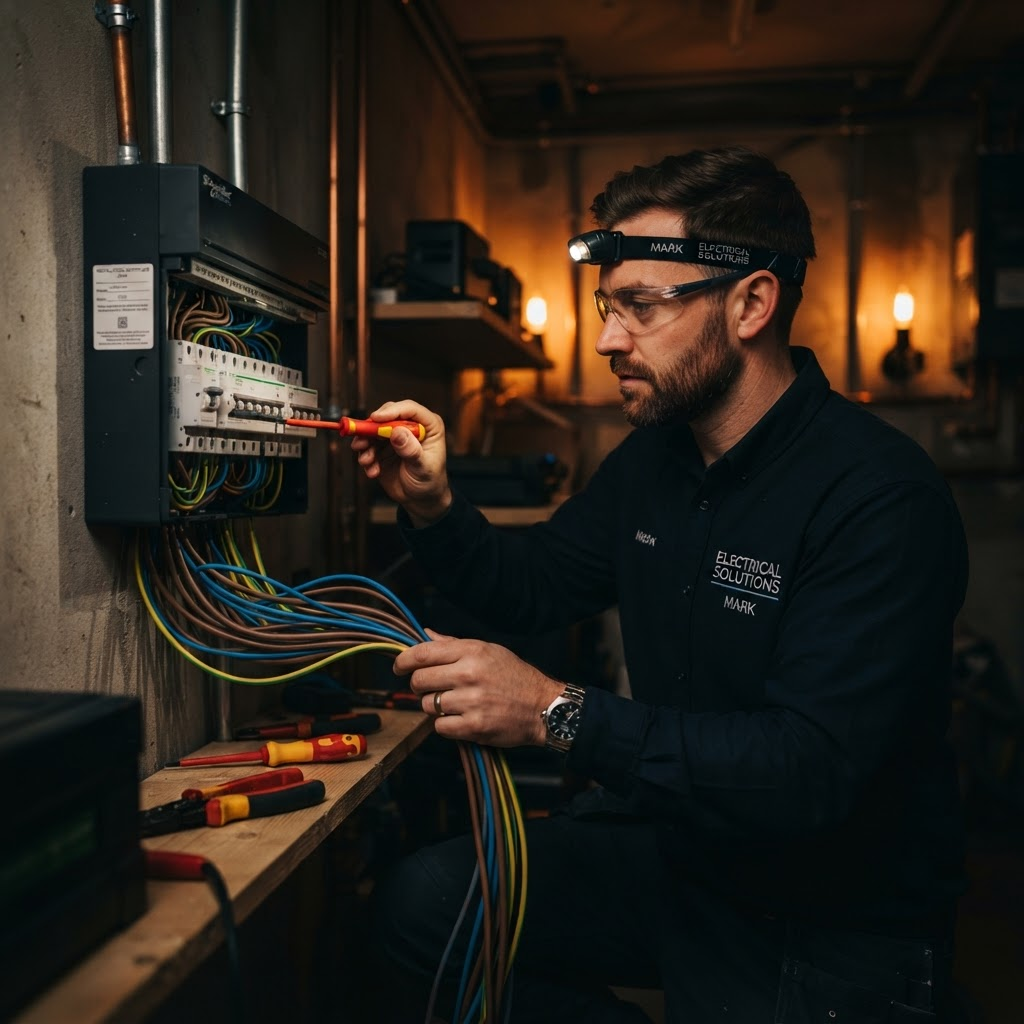 Electrician upgrading a consumer unit during a house rewire